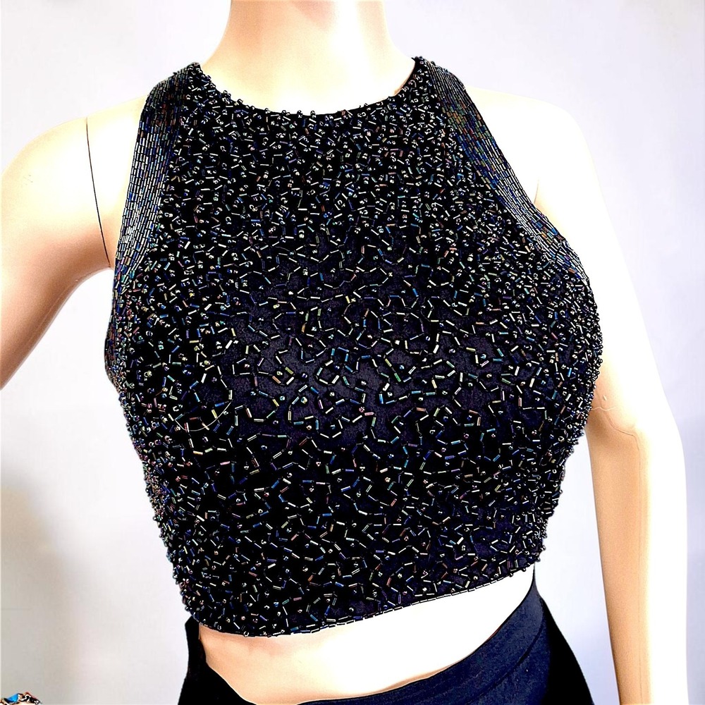 Vintage Y2K 100% Silk Beaded Crop Top Oil Slick Iridescent Black 90s S